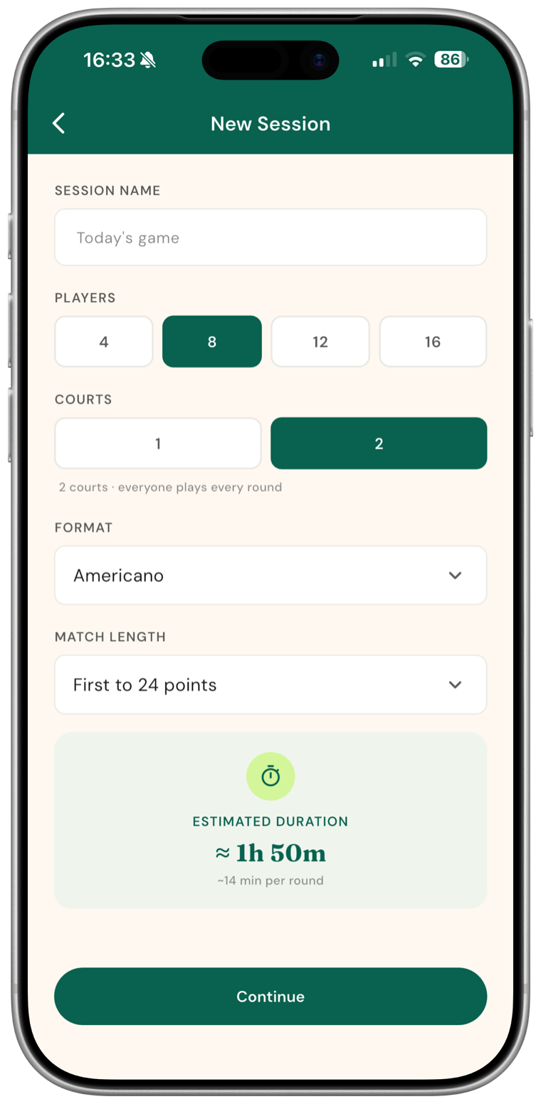 Creating a padel session in Padeland — players, courts, format and match length